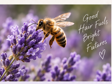 Bee on lavender with Good Hair Fuels Brighter Futures message